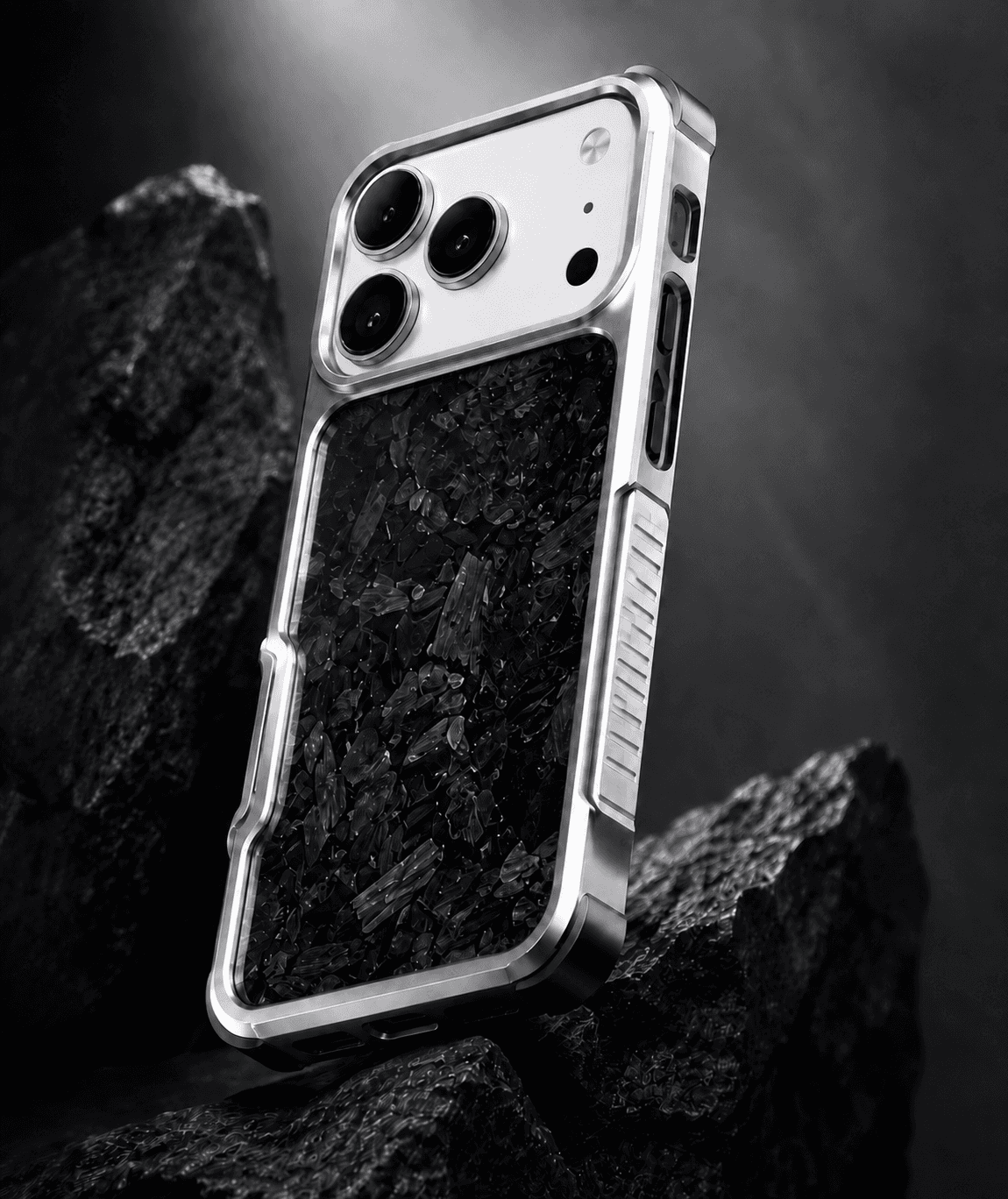 Silver aluminum WOFT case with a glossy black forged-carbon backplate