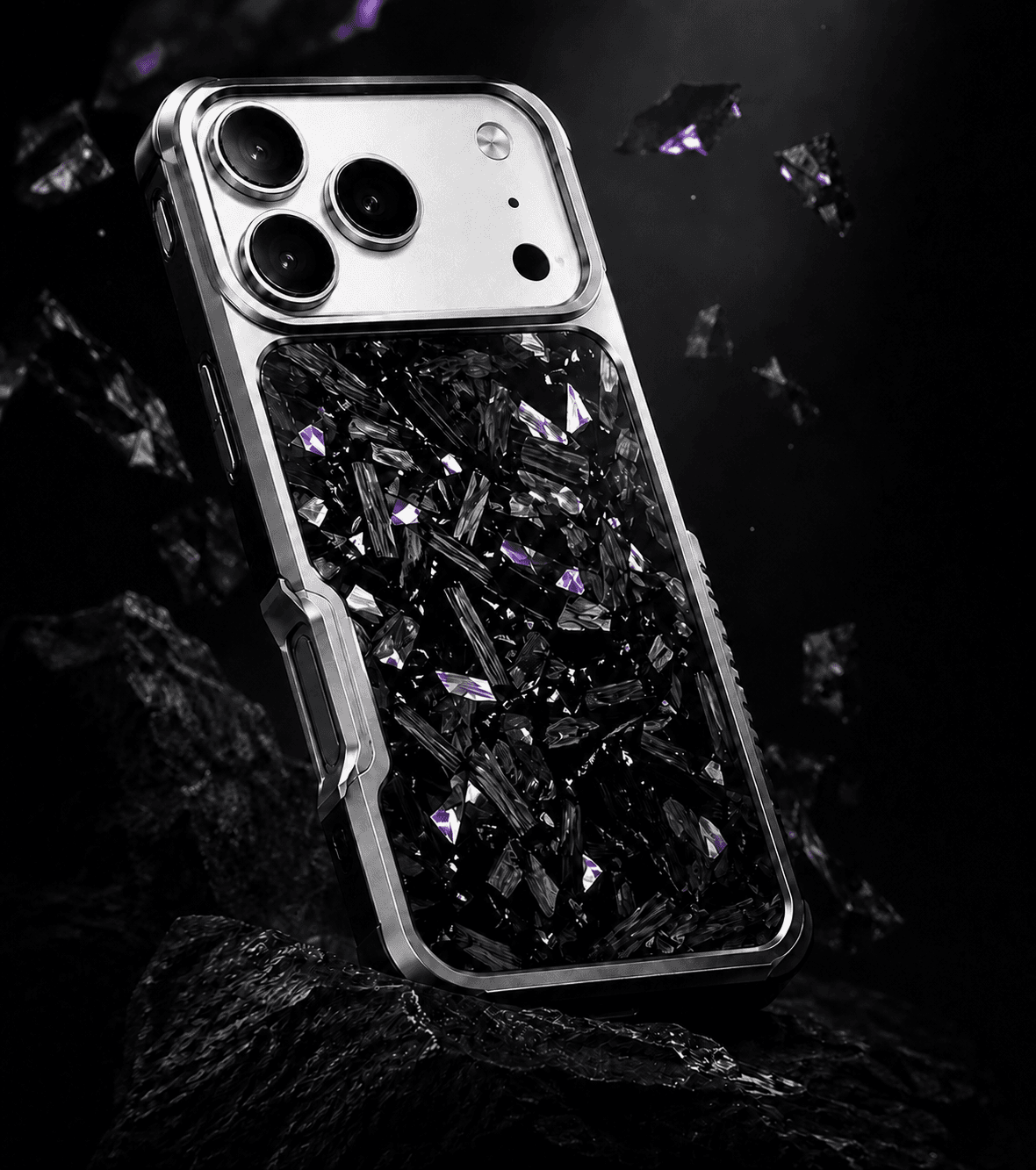 Silver WOFT case with a glossy black and violet forged-carbon backplate
