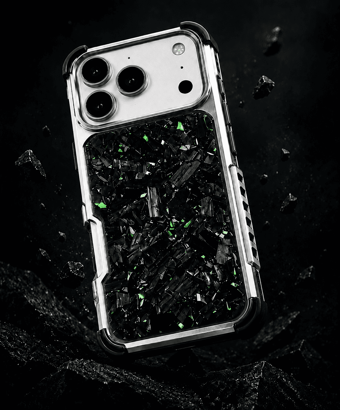 Silver and green forged-carbon WOFT case with reinforced black corner guards